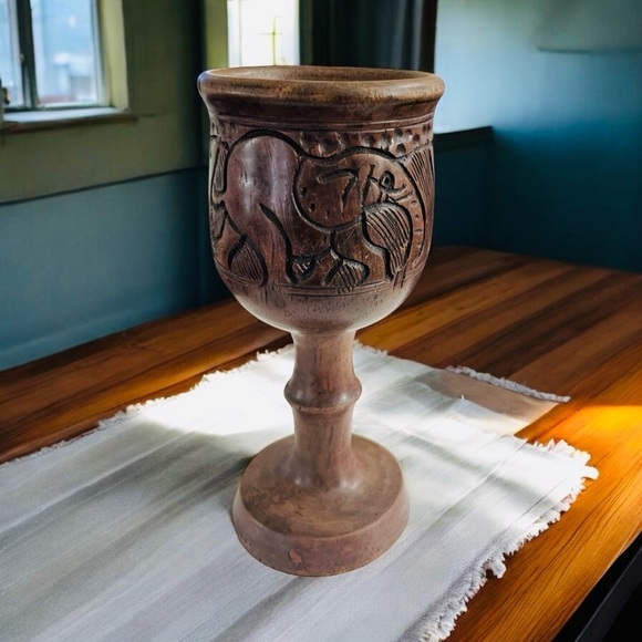 African Art Other - Vintage African Dark Wood Carved Goblet Elephant and Rhino Carved Goblet 7”
